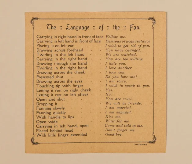 Langage de l’Éventail, verso du feuillet, publié par J. Duvelleroy à Londres, au 121, New Bond Street © Andy Julia