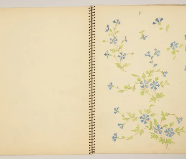 Double-page d’un carnet de croquis de Madeleine Boisset marqué du tampon « Fonds Duvelleroy » © Duvelleroy