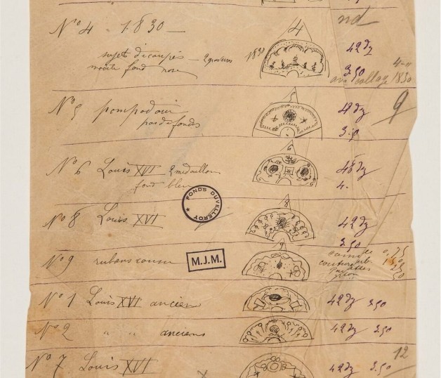 Inventaire des formes de feuilles d’éventail, conservé au sein des archives Duvelleroy et marqué des tampons « Fonds Duvelleroy » et « M.J.M » de Michel Maignan © Duvelleroy